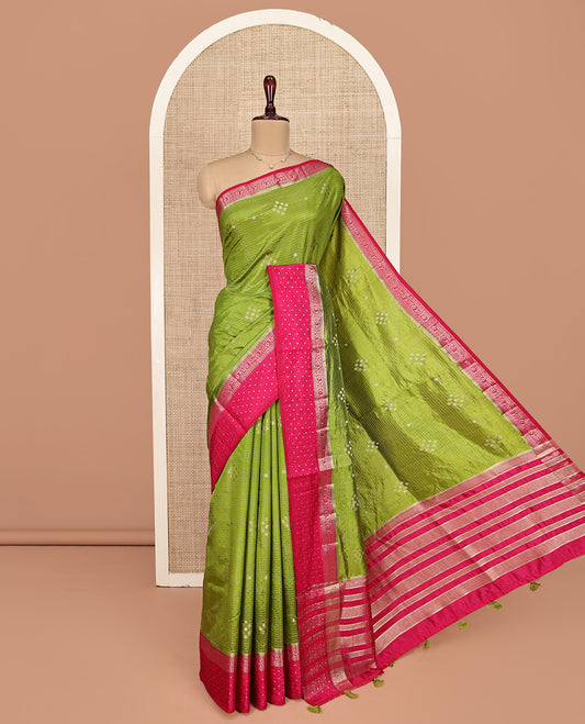 Green Semi-Banaras Dupion Saree, Detailed with Zari Buttas and Stripes, Complemented by Contrast Traditional Border, Zari Striped Pallu, and a Contrast Blouse