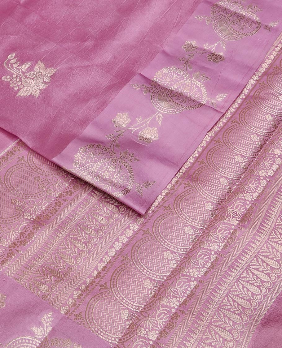 Pink floral zari buttas woven raw mango silk saree, floral design enclosed circles, and intricate pallu