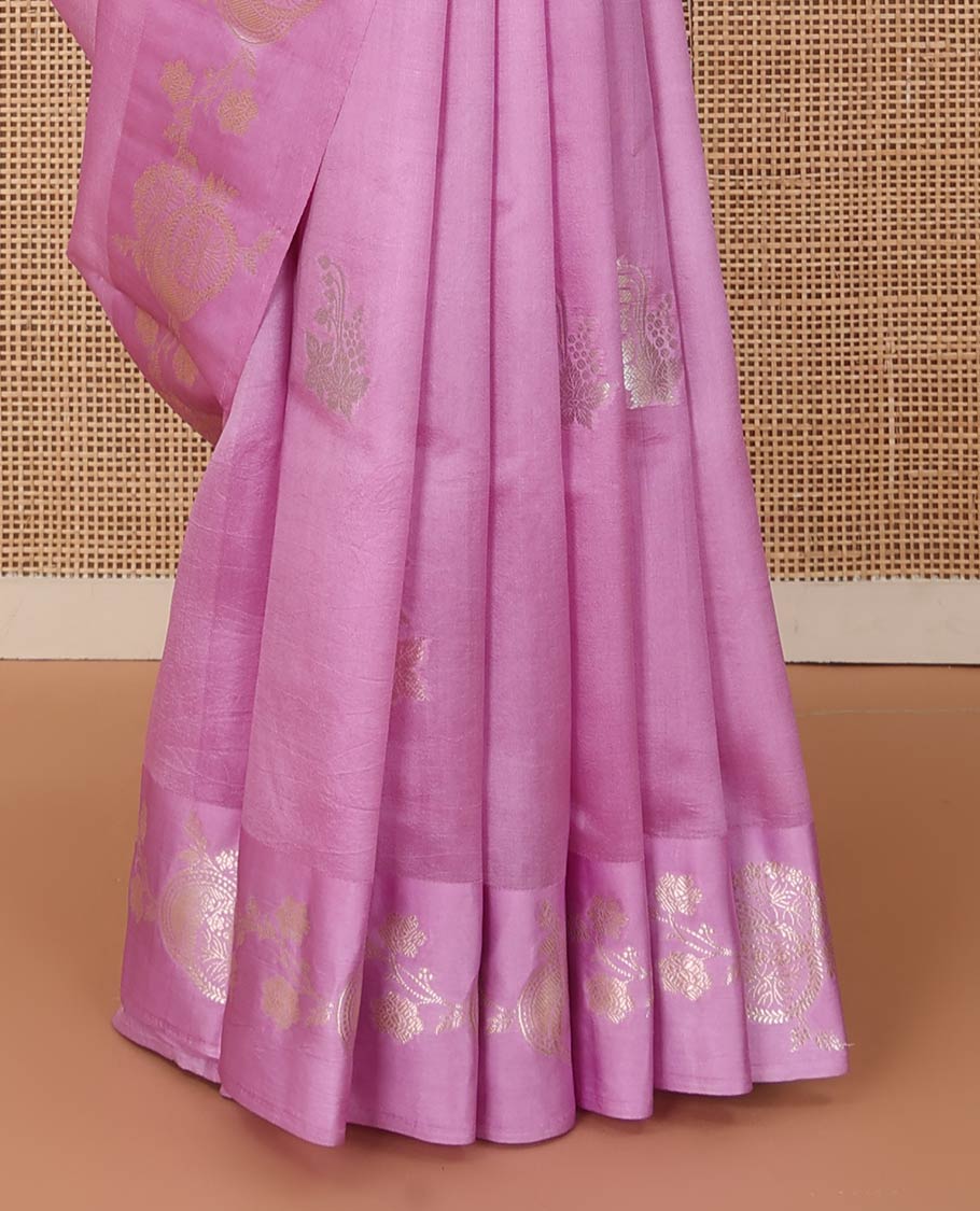 Pink floral zari buttas woven raw mango silk saree, floral design enclosed circles, and intricate pallu