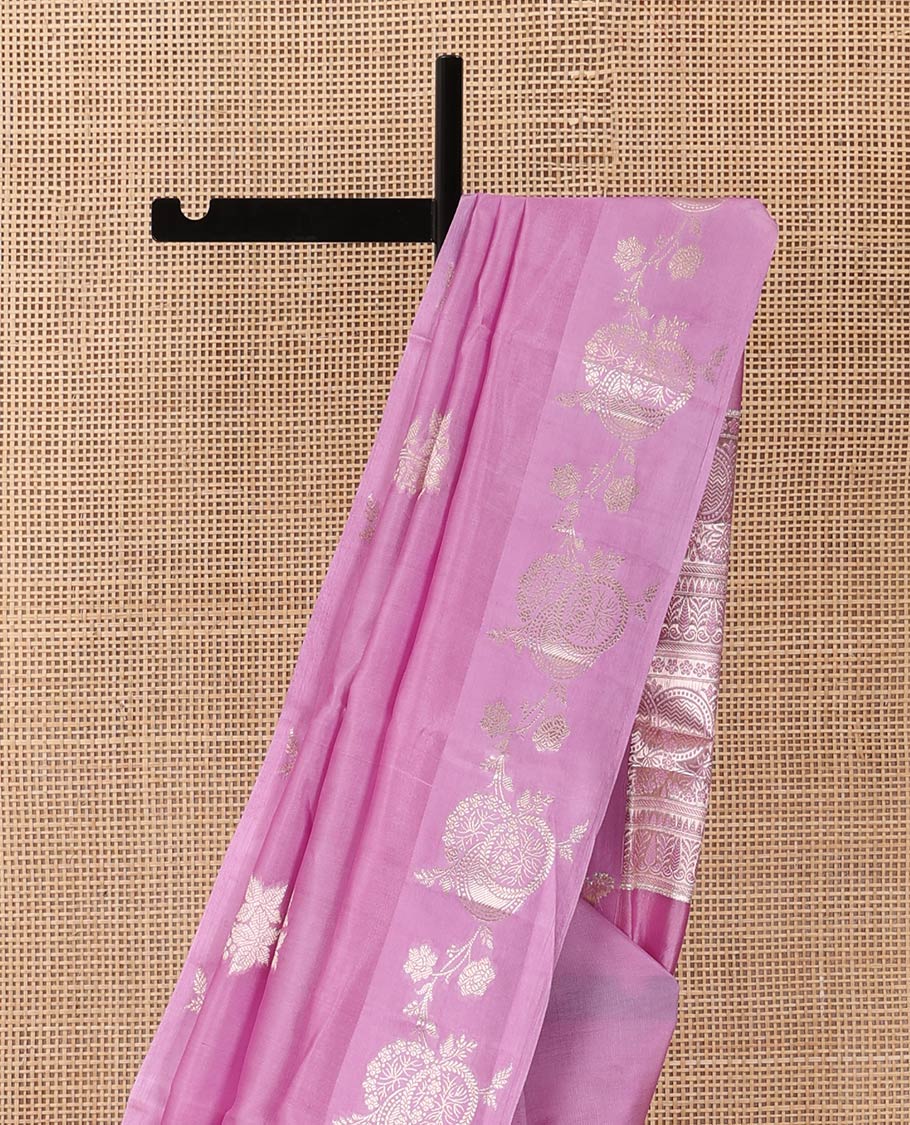 Pink floral zari buttas woven raw mango silk saree, floral design enclosed circles, and intricate pallu