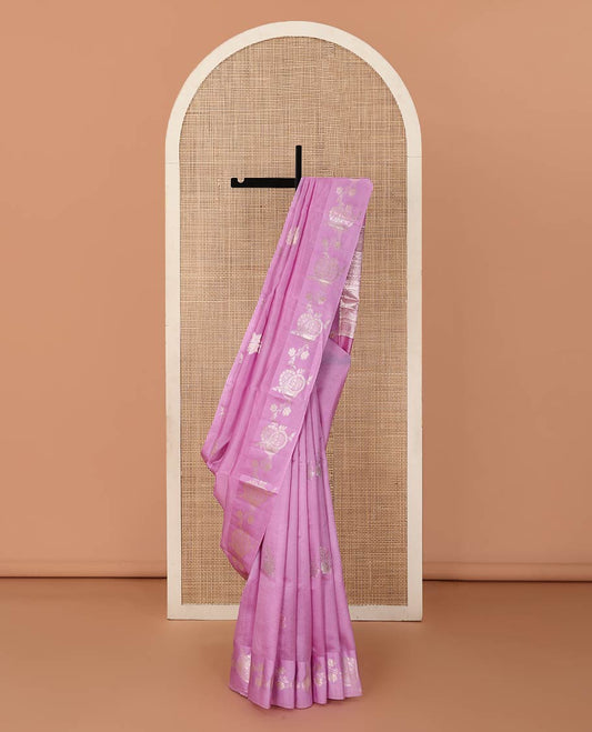 Pink floral zari buttas woven raw mango silk saree, floral design enclosed circles, and intricate pallu