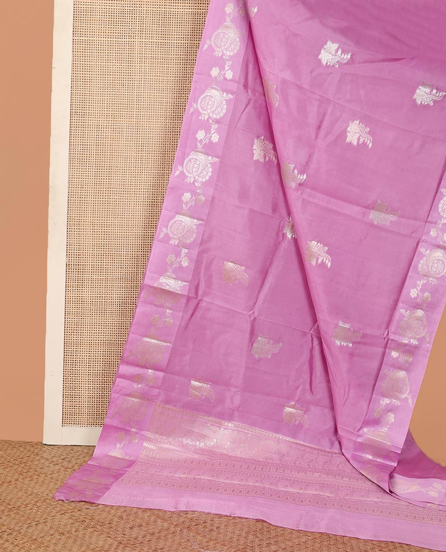 Pink floral zari buttas woven raw mango silk saree, floral design enclosed circles, and intricate pallu