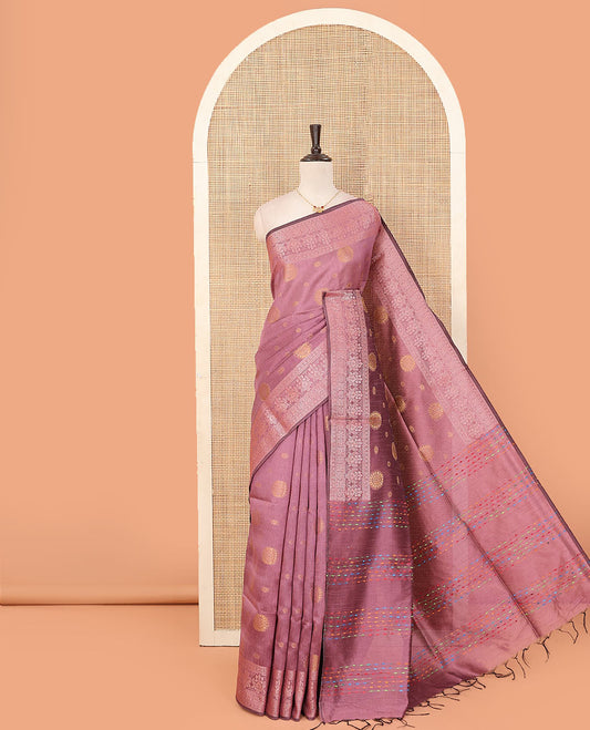 Pink floral buttas dupion saree, intricate motifs border, and pallu of multi-colored thread stripes