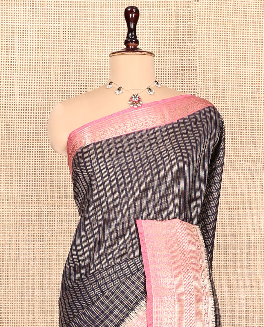 Dark Blue Semi-Banarasi Dupion Saree, Finely Crafted with Zari Checks, a Contrast Traditional Zari Design Border, Striped Pallu, and a Contrast Blouse