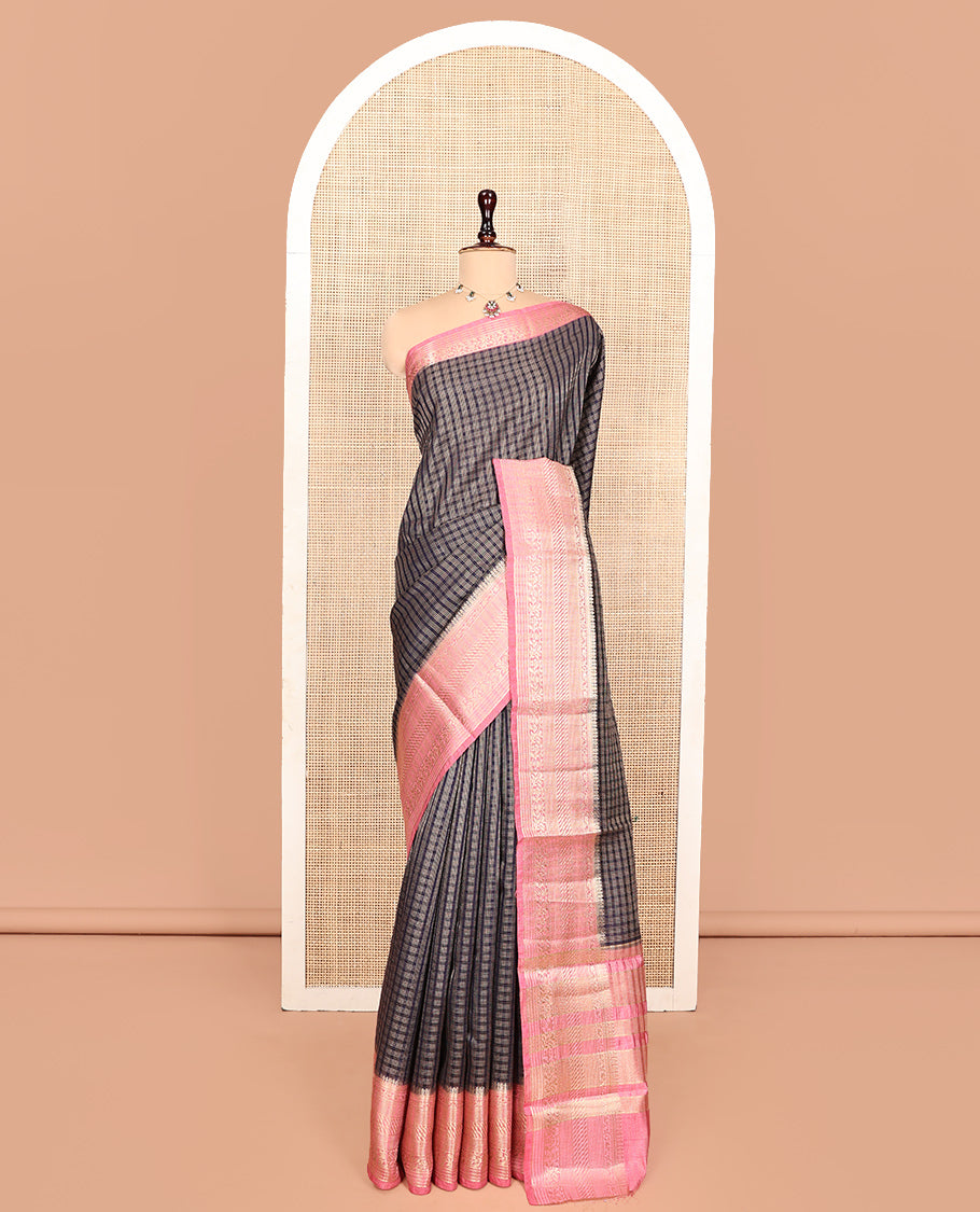 Dark Blue Semi-Banarasi Dupion Saree, Finely Crafted with Zari Checks, a Contrast Traditional Zari Design Border, Striped Pallu, and a Contrast Blouse
