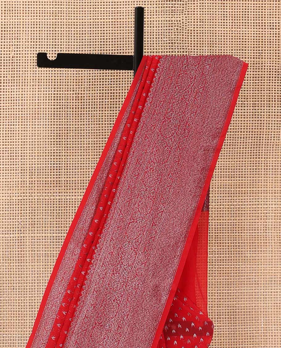 Red zari buttas fancy saree, zari border of floral and jaal design, and zari rich pallu