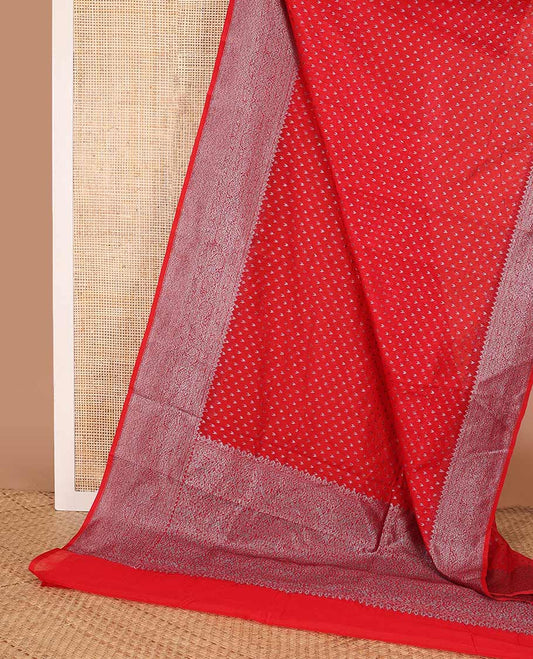 Red zari buttas fancy saree, zari border of floral and jaal design, and zari rich pallu