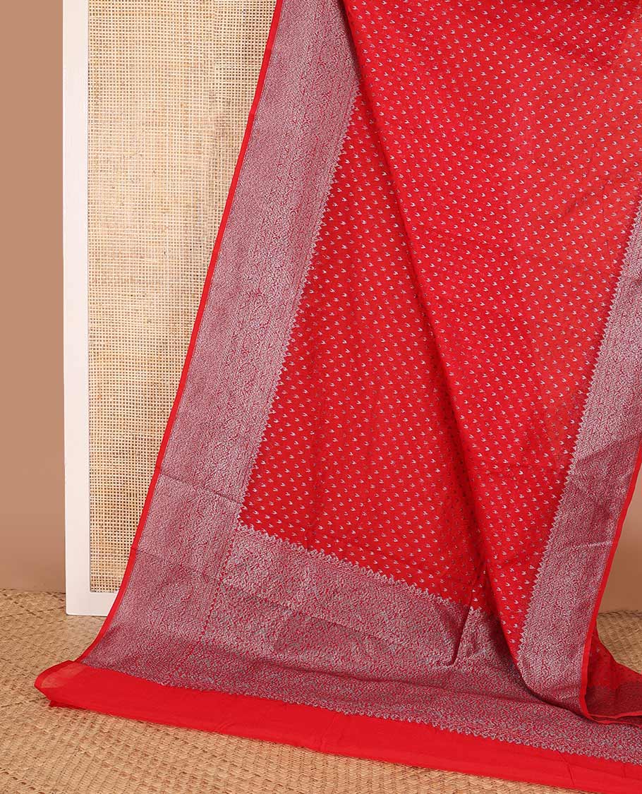 Red zari buttas fancy saree, zari border of floral and jaal design, and zari rich pallu