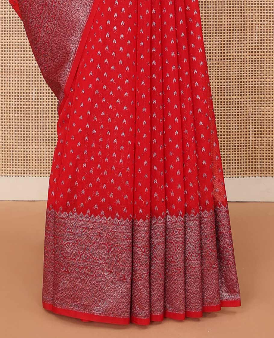 Red zari buttas fancy saree, zari border of floral and jaal design, and zari rich pallu