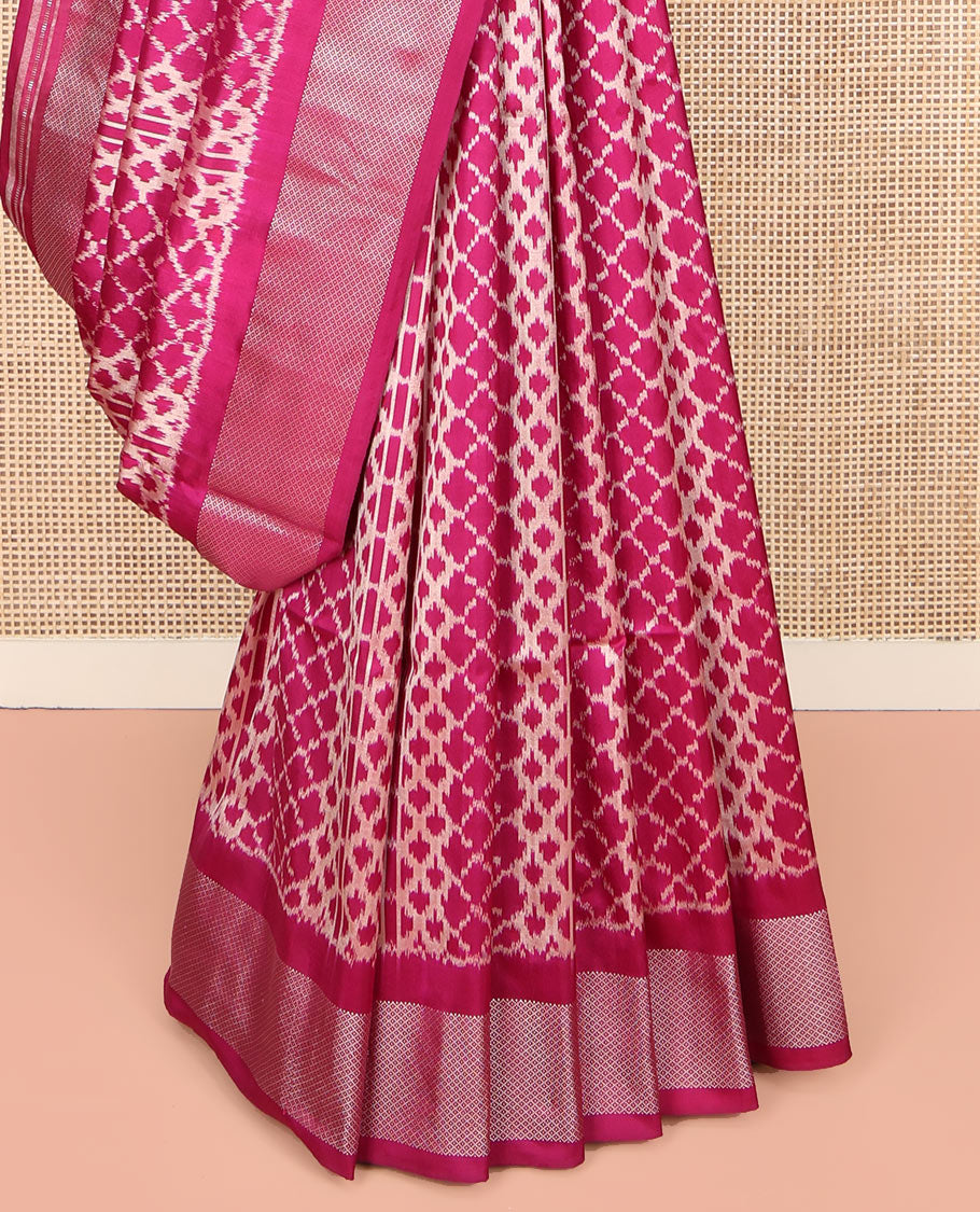 Wine Ikkat Silk Saree, Decorated with Ikkat Jaal Designs All Over Its Body, Highlighted by a Self-Border of Diamond Zari Designs, Pallu of Ikkat Designs, and Paired with a Matching Blouse