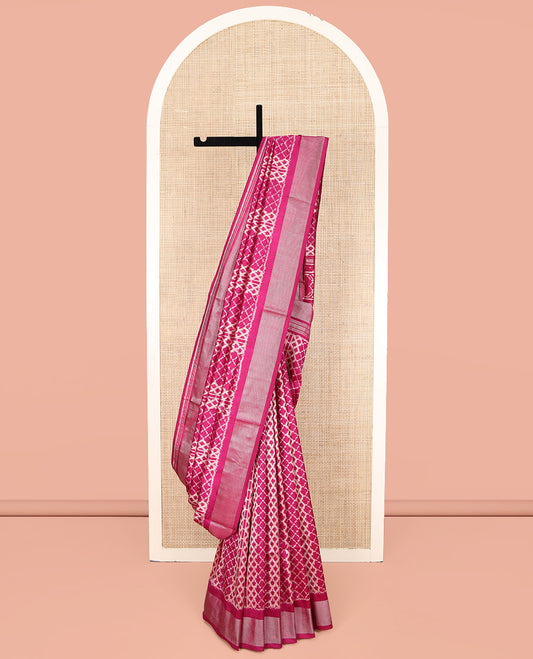 Wine Ikkat Silk Saree, Decorated with Ikkat Jaal Designs All Over Its Body, Highlighted by a Self-Border of Diamond Zari Designs, Pallu of Ikkat Designs, and Paired with a Matching Blouse