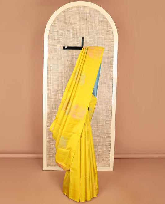 Yellow striped, floral design kancheepuram silk sareee with checked floral design pallu