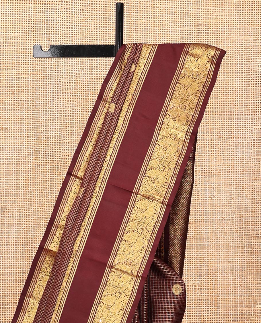 Maroon Kanchipuram Silk Saree, Majestically Detailed with Mayil-Chakra Buttas and Checks, Highlighted by Zari Border of Salngai, and Mayil Designs, Jaal Pallu, and Matching Blouse