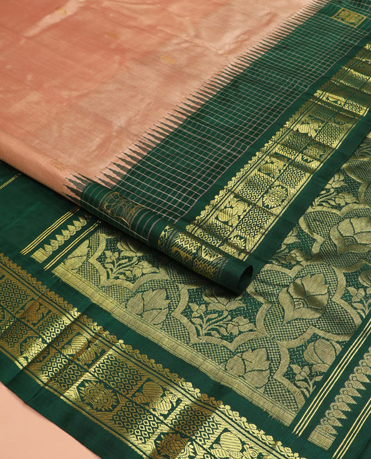 Peach zari buttas Kanchipuram silk saree, contrast one-sided thazampoo rekku checked border of salngai, banaras, mayil chakra and then kuli kann designs, and zari design pallu