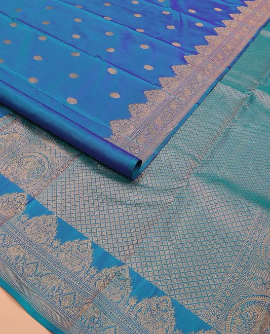 Blue zari buttas Kanchipuram silk saree, zari border of mayil, and yaanai designs, and jaal pallu