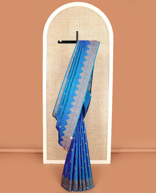 Blue zari buttas Kanchipuram silk saree, zari border of mayil, and yaanai designs, and jaal pallu