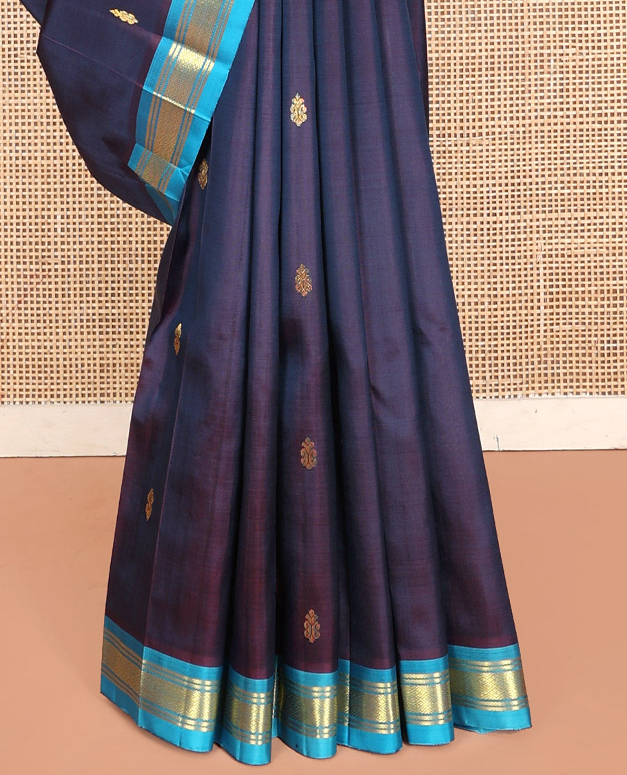 Navy Blue Kanchipuram Silk Saree, Detailed with Zari Buttas, Contrast Border of Banaras, and Jaal, Zari Design Pallu, and No Blouse