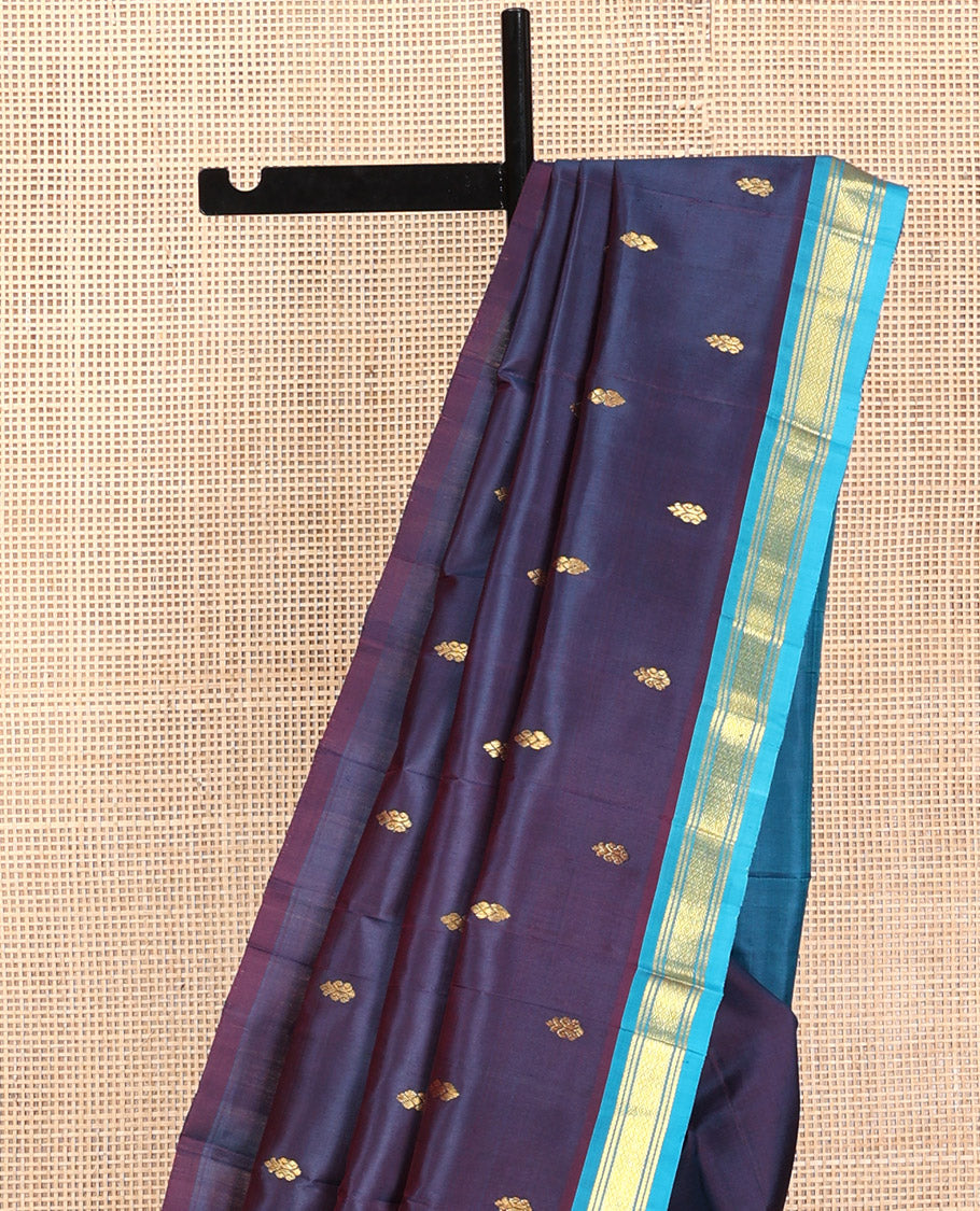 Navy Blue Kanchipuram Silk Saree, Detailed with Zari Buttas, Contrast Border of Banaras, and Jaal, Zari Design Pallu, and No Blouse