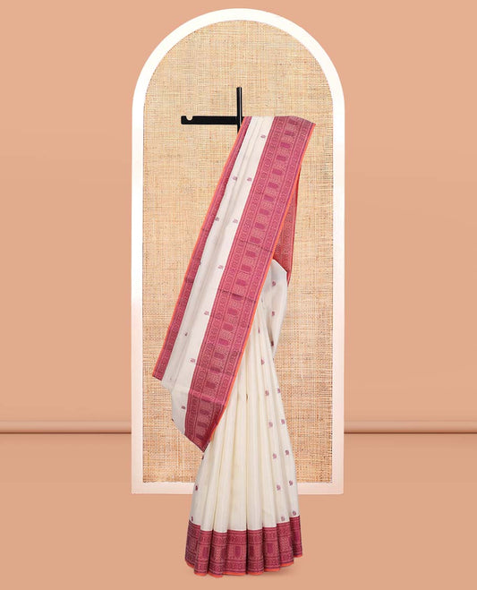 White Kanchipuram Silk Saree, Mesmerized with Mayil-Thread Buttas, Complemented by a Contrast Traditional Thread Woven Border, Jaal Pallu, and a Contrast Blouse