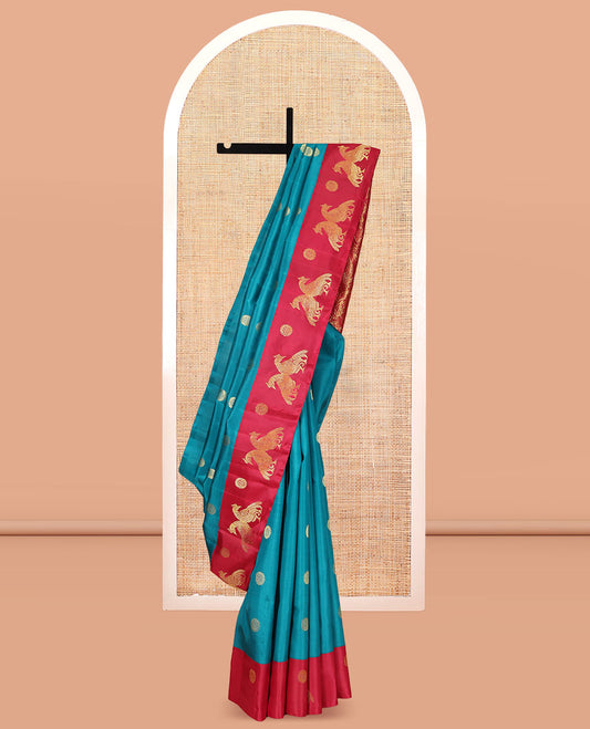 Blue Kanchipuram Silk Saree, Crafted with Chakra Buttas, Complemented by a Contrast One-Sided Korvai Border of Chakram and Kili Designs, Annam Motif Pallu, and a No Blouse