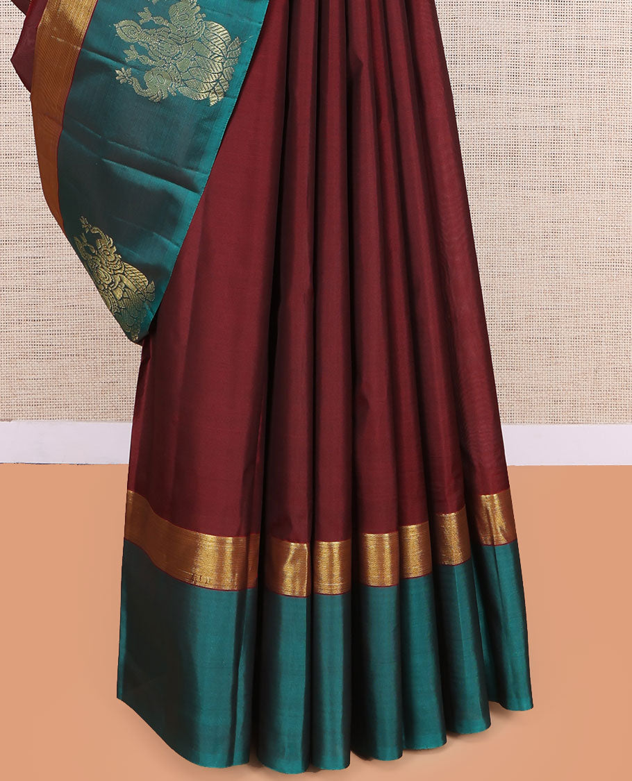 Maroon Kanchipuram Silk Saree, Woven with Goddess Lakshmi Buttas, a Contrast Goddess Lakshmi Border, Goddess Lakshmi Pallu, and a Contrast Blouse