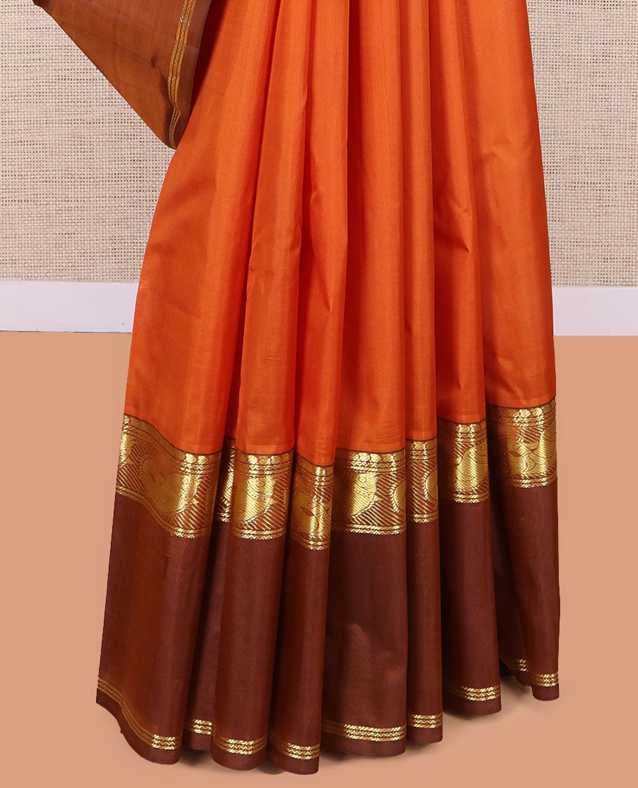 Orange Kanchipuram Silk Saree, Woven with Buttas, Complemented by a Contrast Rettai Pettu Meen Motif Border,  Pallu of Zari Design, and Contrast Blouse