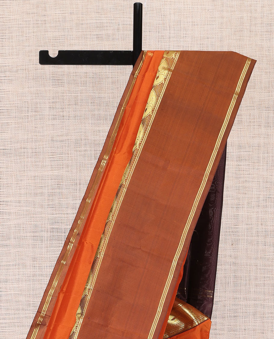 Orange Kanchipuram Silk Saree, Woven with Buttas, Complemented by a Contrast Rettai Pettu Meen Motif Border,  Pallu of Zari Design, and Contrast Blouse