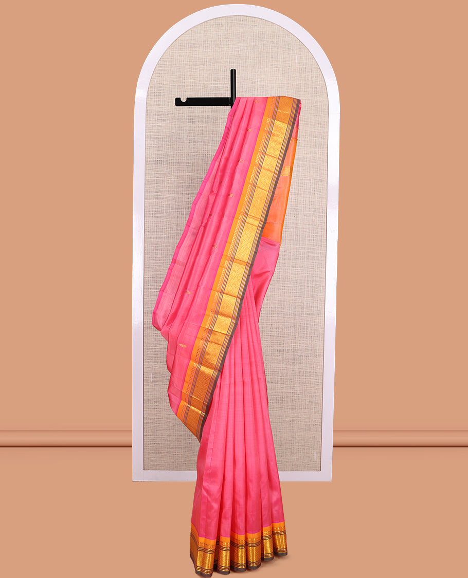 Pink Kanchipuram Silk Saree, Ornamented with Zari Buttas, a Contrast One-Sided Border of Paneer Sombu, Banaras, Muthu, and Jaal Design, Zari Design Pallu, and No Blouse