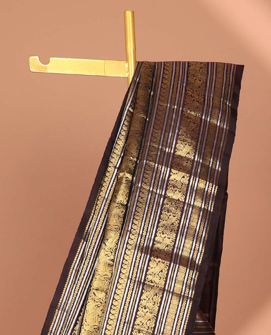 Brown intricate traditional zari design silk saree with self-border & floral buttas, intricate zari design pallu