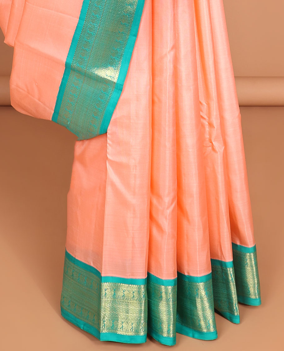 Pink kancheepuram silk saree with contrast korvai zari design border & striped, floral zari design pallu