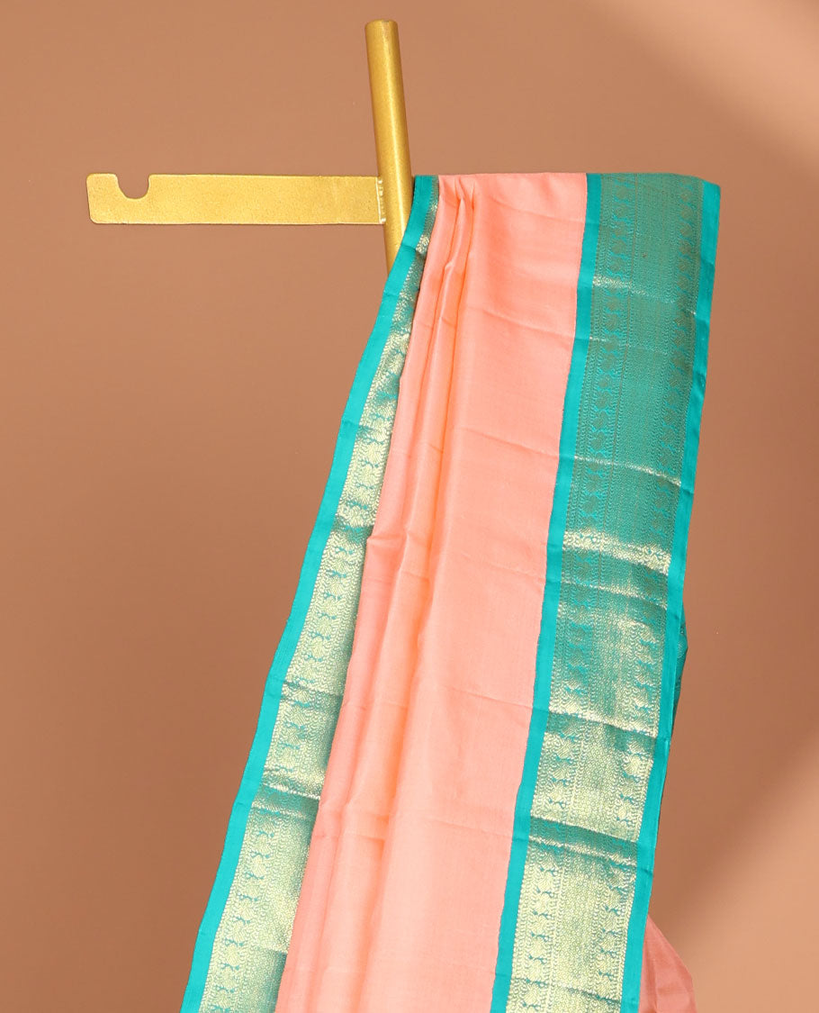 Pink kancheepuram silk saree with contrast korvai zari design border & striped, floral zari design pallu