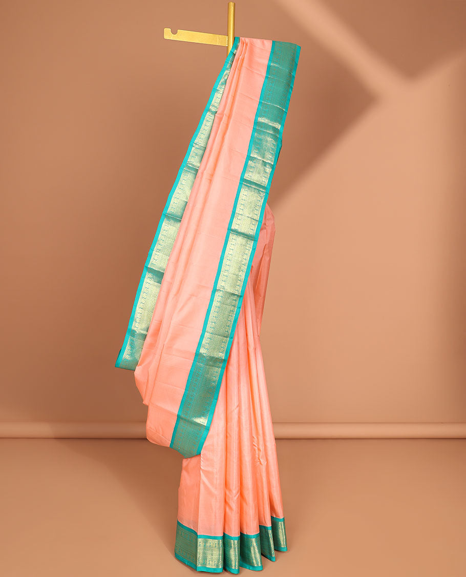 Pink kancheepuram silk saree with contrast korvai zari design border & striped, floral zari design pallu