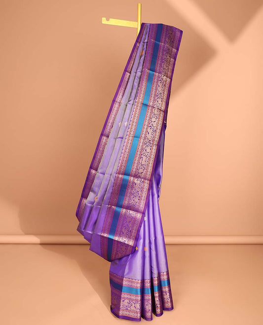 Violet buttas kancheepuram silk saree with contrast border of intricate zari design & traditional zari design pallu