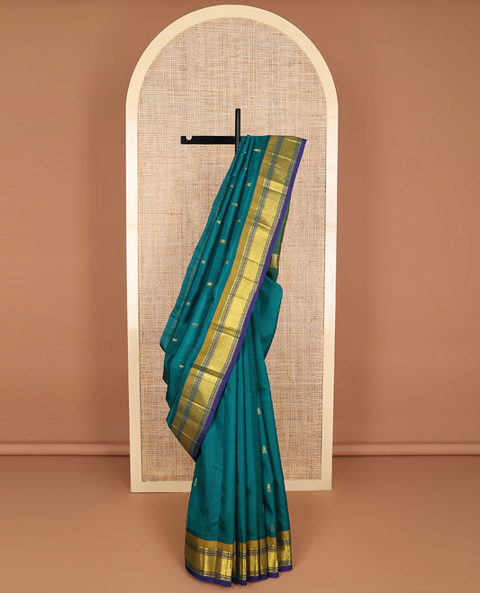 Blue floral buttas kancheepuram silk saree with contrast border of banaras, muthu, checked design border & zari design pallu