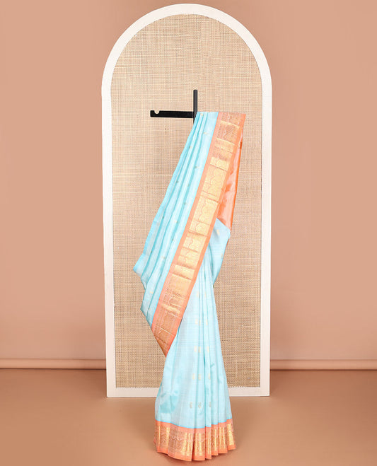 Light blue floral buttas kancheepuram silk saree with contrast border of zari design border & floral design pallu