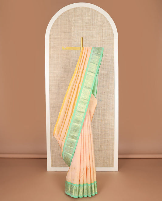 Orange zari buttas Kanchipuram silk saree, contrast one-sided border of thilakam mokku,banaras & floral designs & zari design pallu