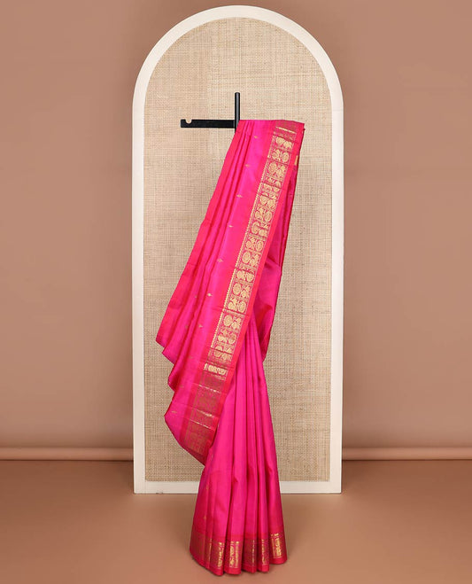 Pink zari buttas kanchipuram silk saree, contrast one-sided border of salngai & annam chakram design & zari design pallu