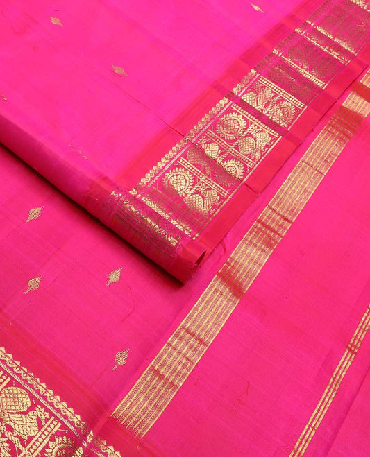 Pink zari buttas kanchipuram silk saree, contrast one-sided border of salngai & annam chakram design & zari design pallu