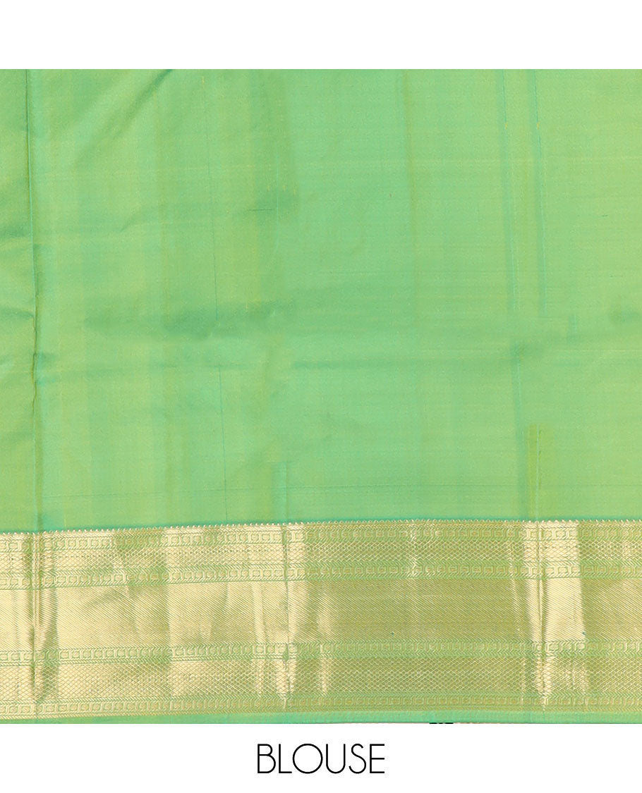 Orange plain Kanchipuram silk saree, contrast border of rudraksham, mayil kann & zari stripes & jaal pallu