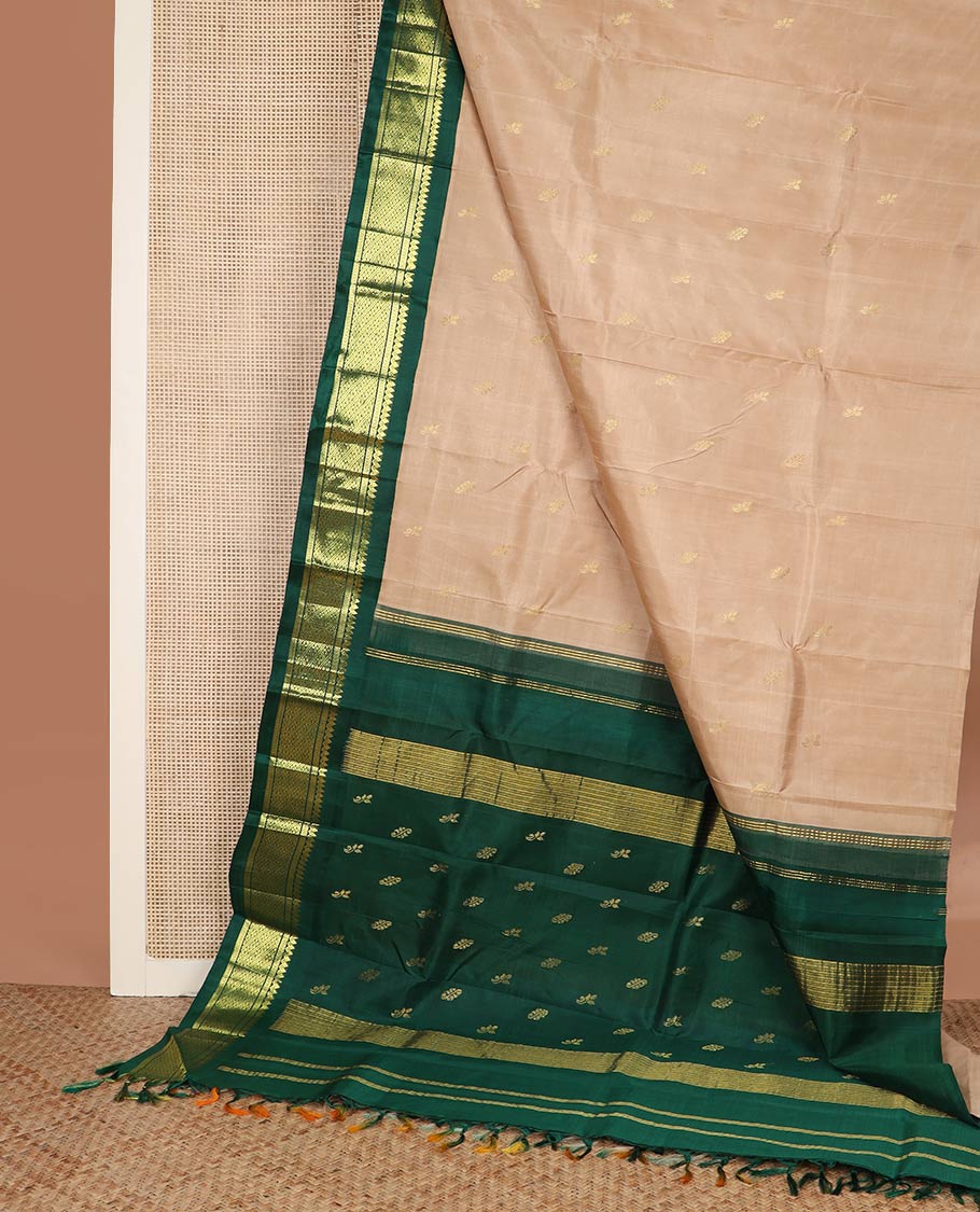 Sandal zari buttas silk saree, contrast one-sided korvai border of salangai & lavangam designs & pallu of zari designs