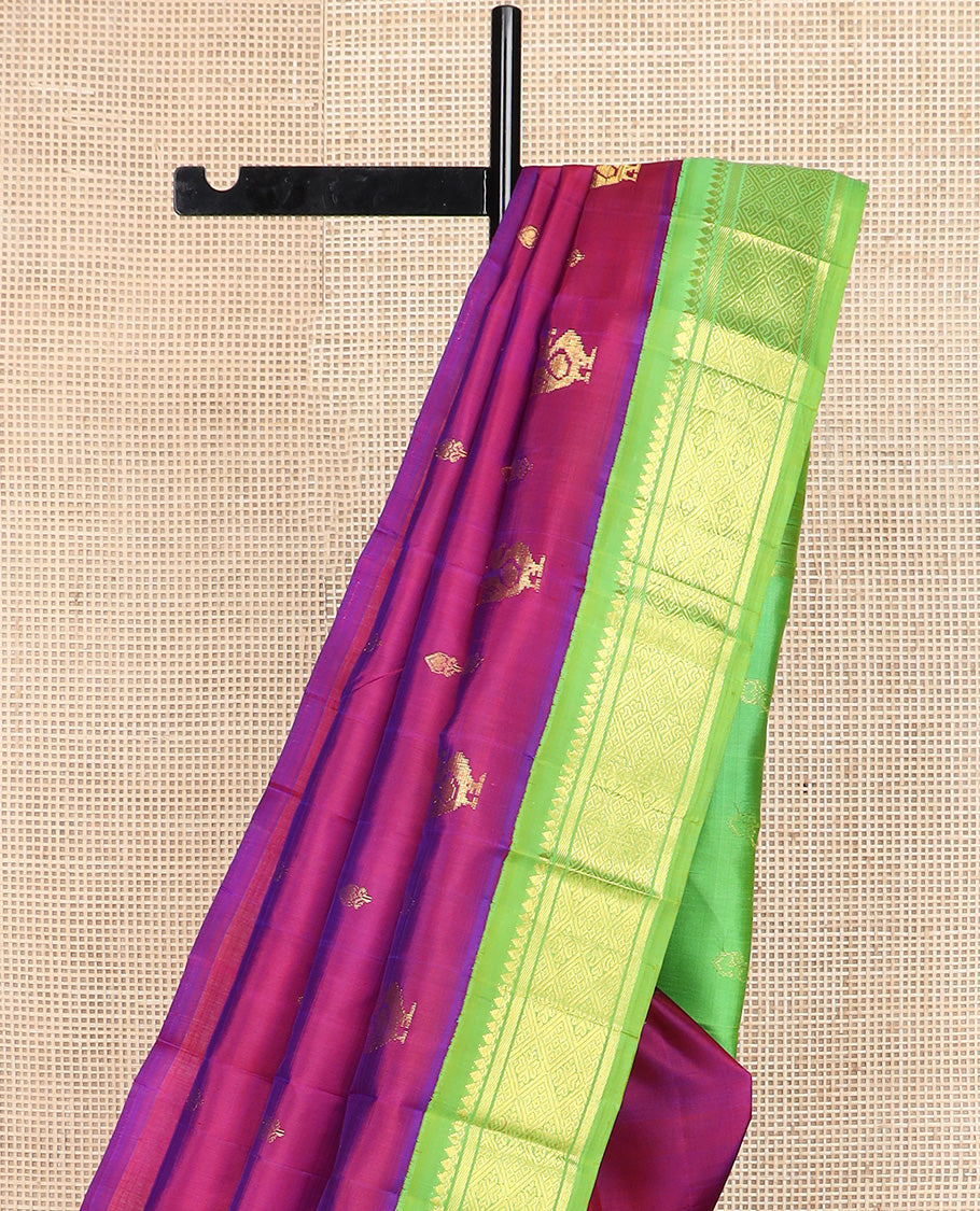Purple zari buttas Kanchipuram silk saree, contrast one-sided korvai border of thilakam mokku, banaras, and jaal design, and zari design pallu
