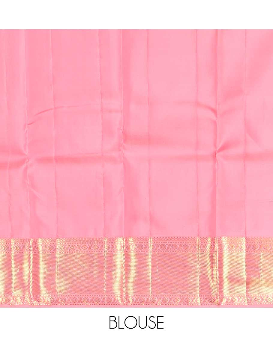 Blue zari buttas and checked Kanchipuram silk saree, contrast border of salngai, muthu, and cross kamalam designs, and jaal pallu