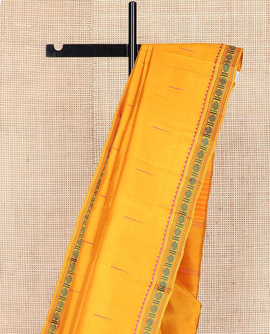 Yellow malli mokku buttas Kanchipuram silk saree, self-border of rekku, muthu, kathir, and rudraksham motifs, and  seppu rekku pallu