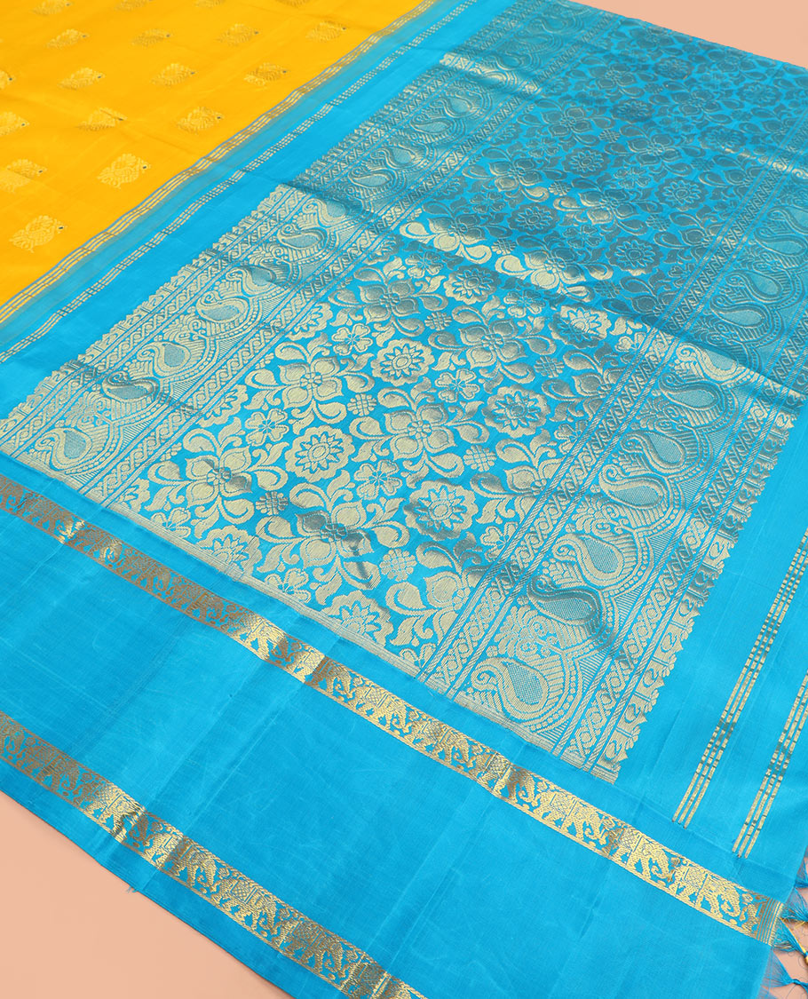 Yellow mayil buttas Kanchipuram silk saree, contrast border of yaanai, and mayil designs, and pallu of floral designs