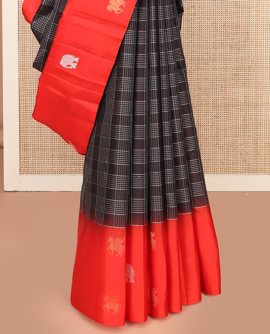 Brown Kanchipuram Silk Saree Decked Up with Checks All Over Its Body, Complemented by a Contrast Border of Kuthirai and Yaanai Designs, Gleaming Pallu of Jaal Designs, and Paired with a Contrast Blouse