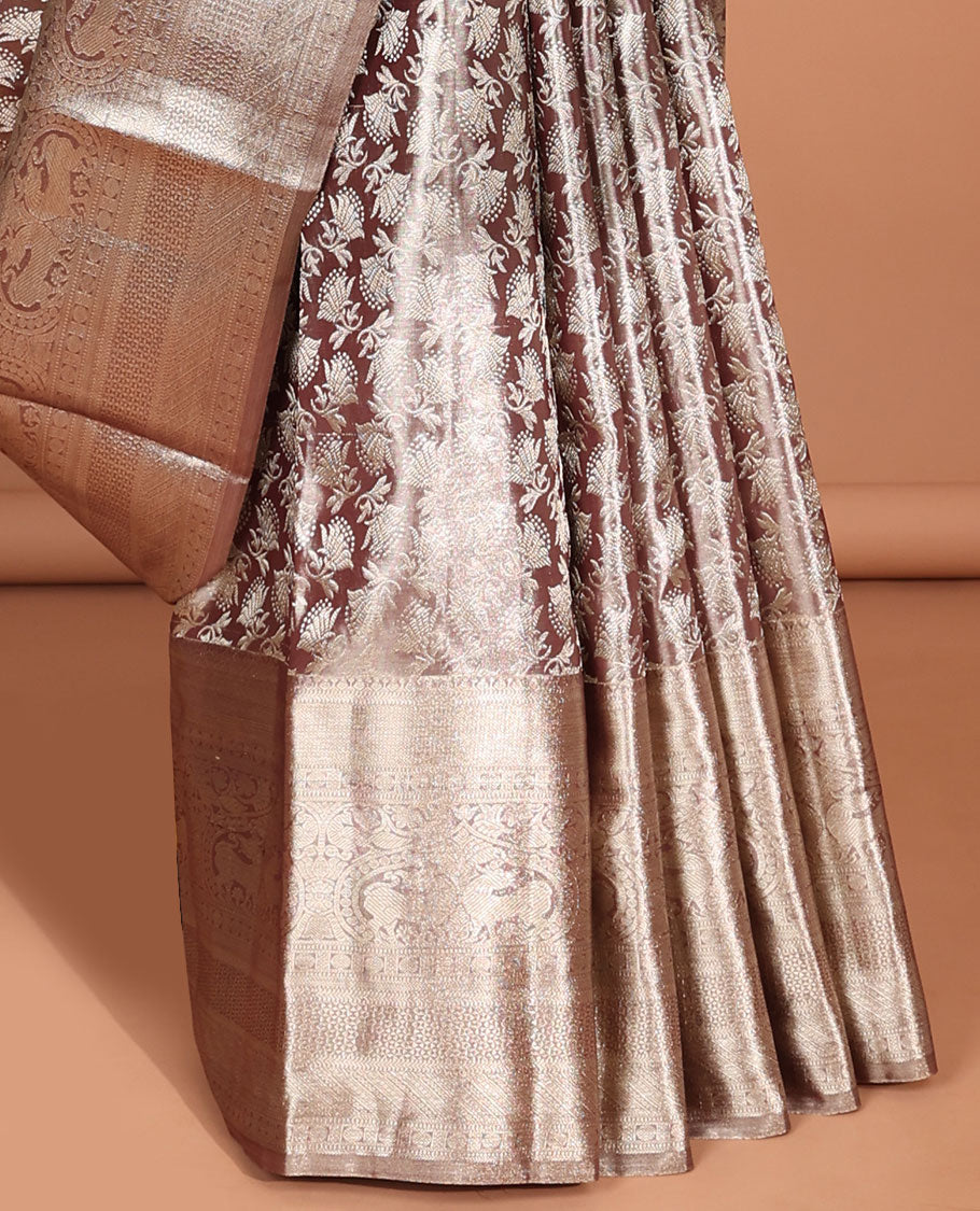 Brown floral vine design kancheepuram tissue silk saree with self traditional zari border & intricate zari pallu