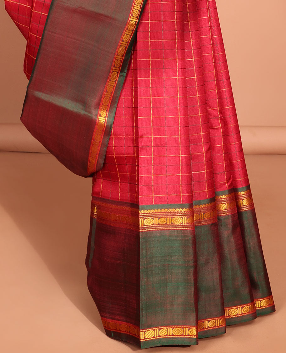 Red checked kancheepuram silk saree with contrast rettai pettu border & striped design pallu