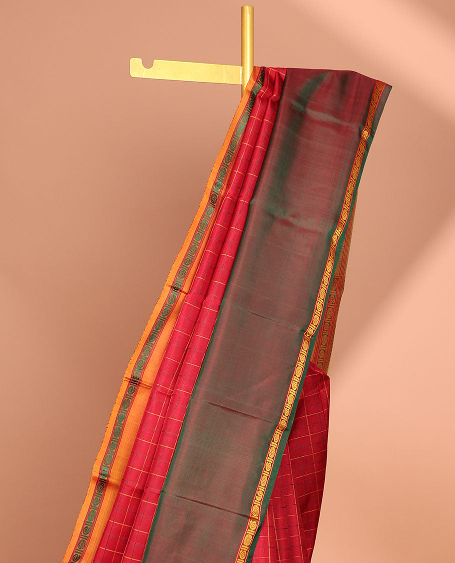 Red checked kancheepuram silk saree with contrast rettai pettu border & striped design pallu