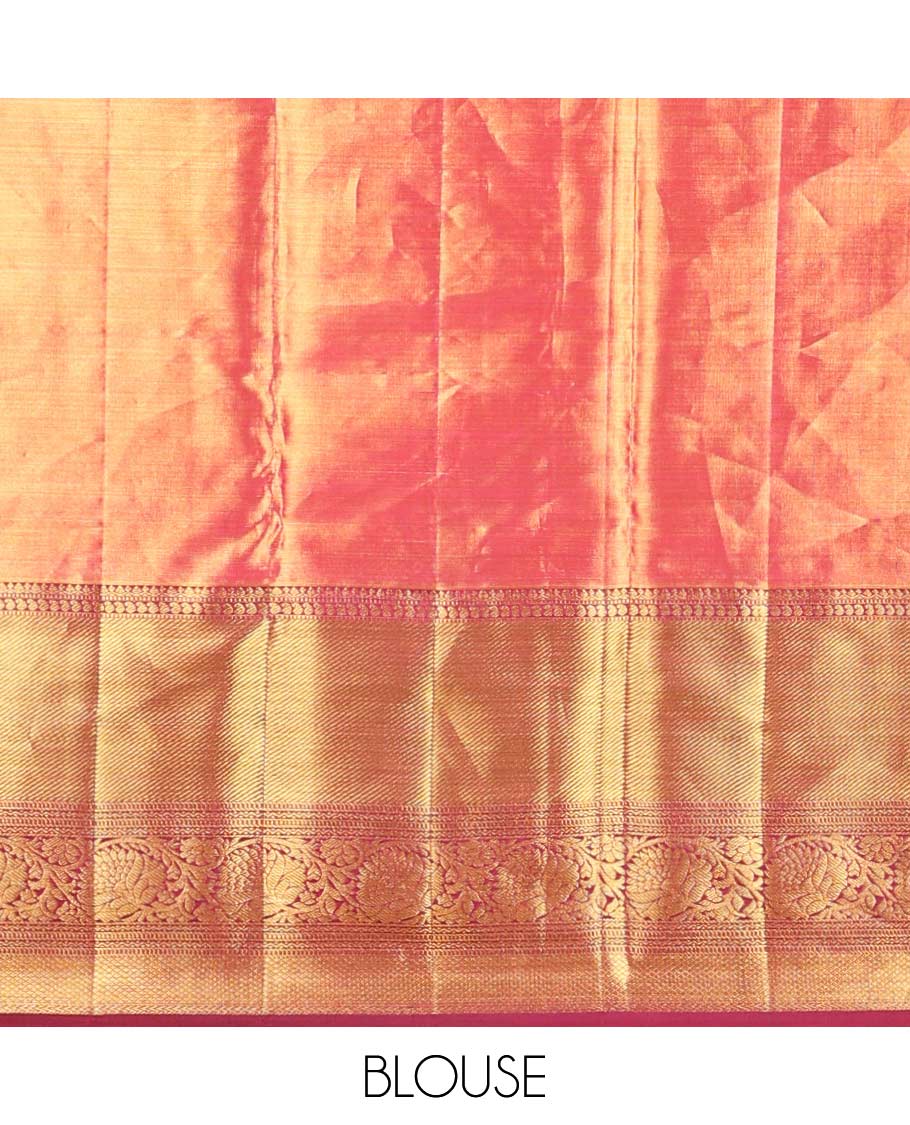 Purple floral, animal design kancheepuram silk saree with contrast thialakm mokku, muthu, manga, banaras design & zari design pallu