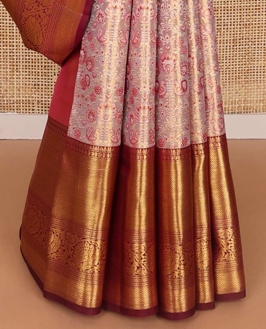 Purple floral, animal design kancheepuram silk saree with contrast thialakm mokku, muthu, manga, banaras design & zari design pallu